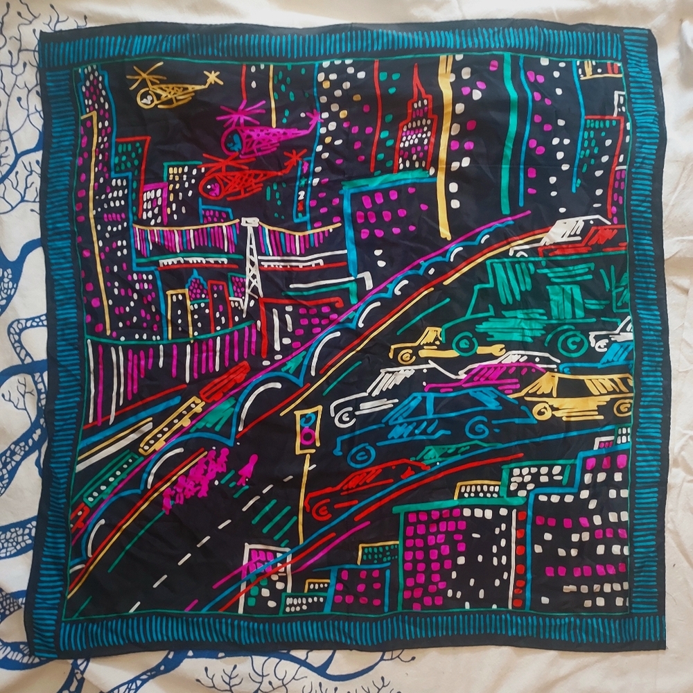 Vintage 80's 90's silk cityscape scarf